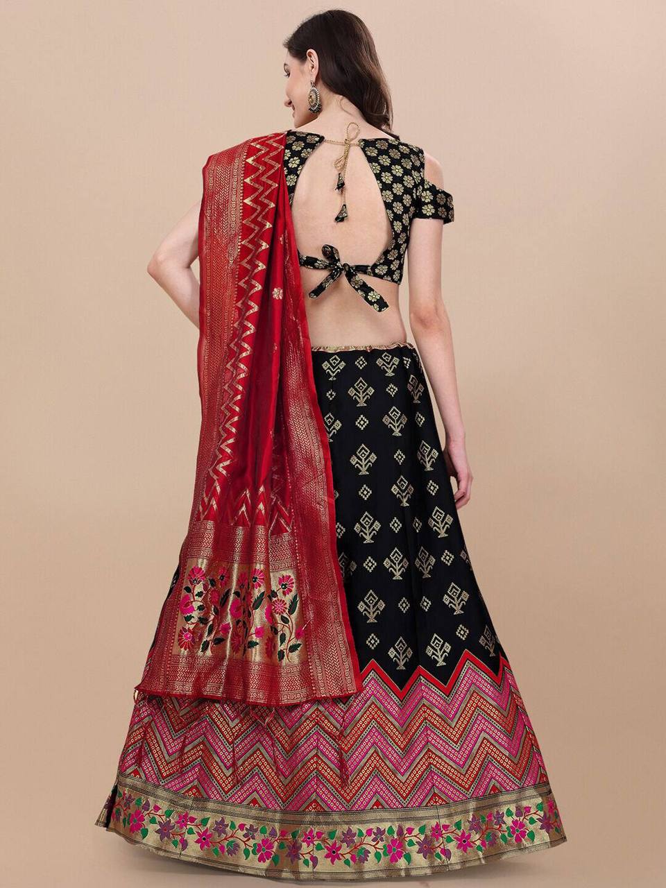 Lorenvalley Fashion Black Brocade Fabric Lehenga & Unstitched Blouse With Dupatta | Grocsy