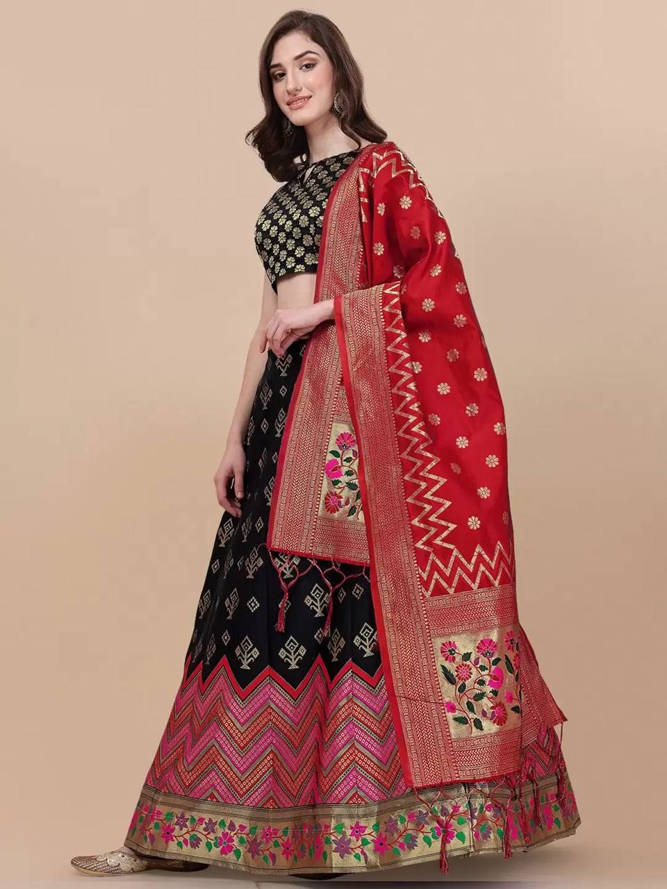 Lorenvalley Fashion Black Brocade Fabric Lehenga & Unstitched Blouse With Dupatta | Grocsy