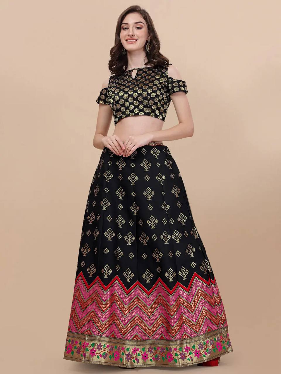 Lorenvalley Fashion Black Brocade Fabric Lehenga & Unstitched Blouse With Dupatta | Grocsy