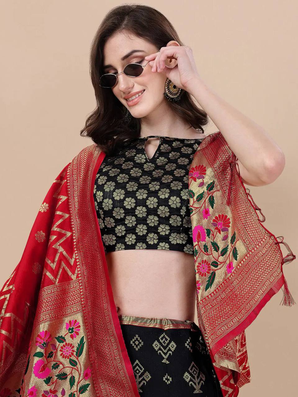 Lorenvalley Fashion Black Brocade Fabric Lehenga & Unstitched Blouse With Dupatta | Grocsy