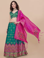 Lorenvalley Fashion Teal Brocade Fabric Lehenga & Unstitched Blouse With Dupatta | Grocsy