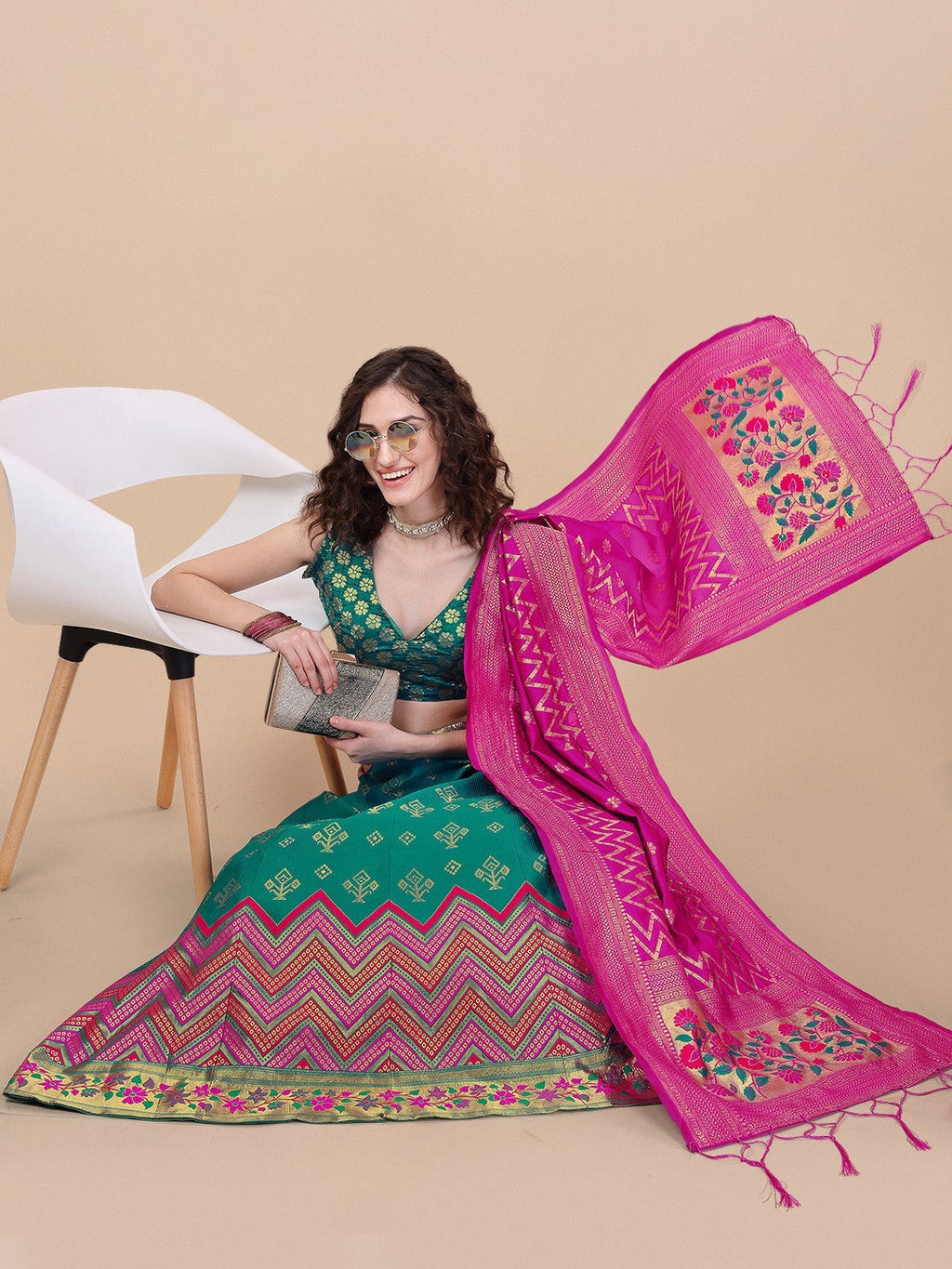 Lorenvalley Fashion Teal Brocade Fabric Lehenga & Unstitched Blouse With Dupatta | Grocsy