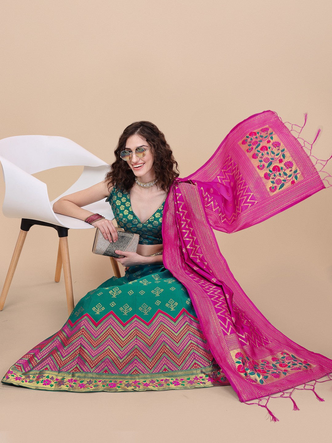 Lorenvalley Fashion Teal Brocade Fabric Lehenga & Unstitched Blouse With Dupatta | Grocsy