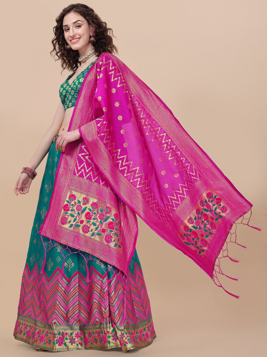 Lorenvalley Fashion Teal Brocade Fabric Lehenga & Unstitched Blouse With Dupatta | Grocsy
