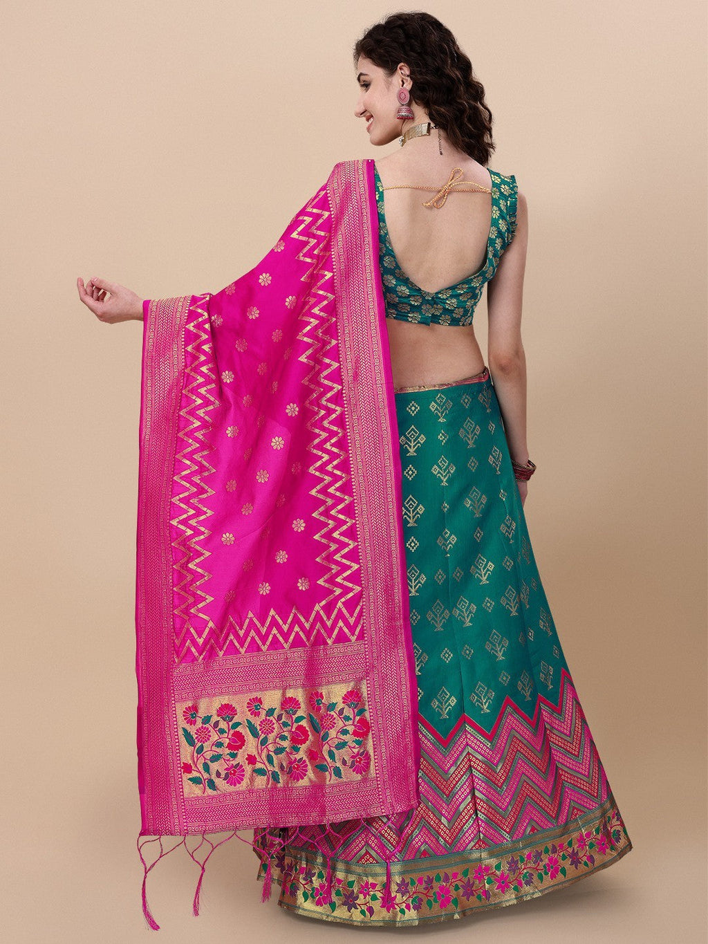 Lorenvalley Fashion Teal Brocade Fabric Lehenga & Unstitched Blouse With Dupatta | Grocsy