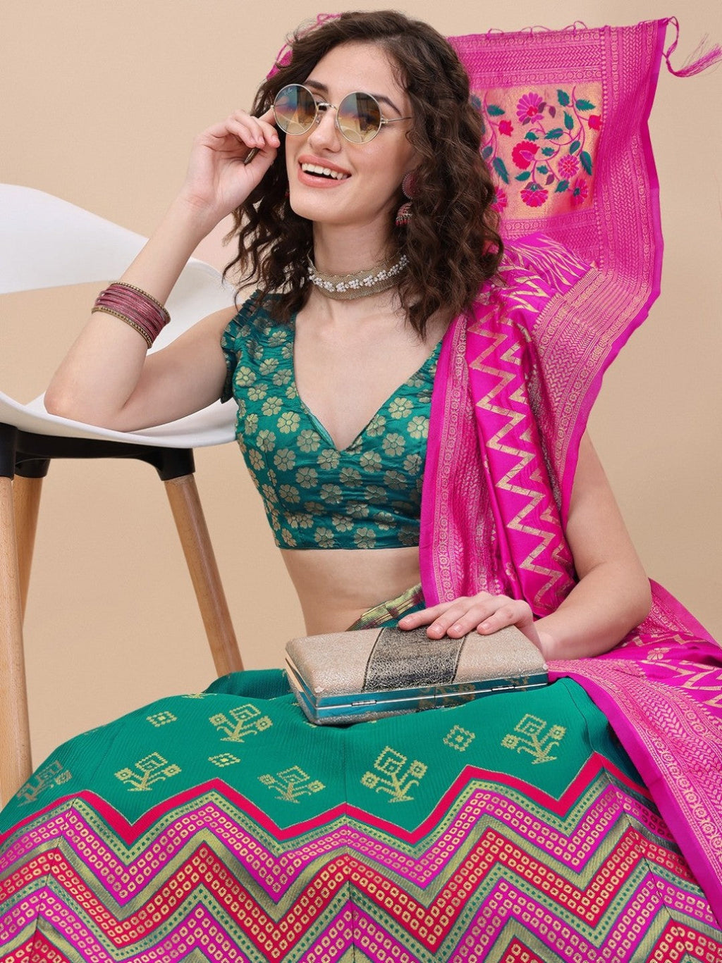 Lorenvalley Fashion Teal Brocade Fabric Lehenga & Unstitched Blouse With Dupatta | Grocsy