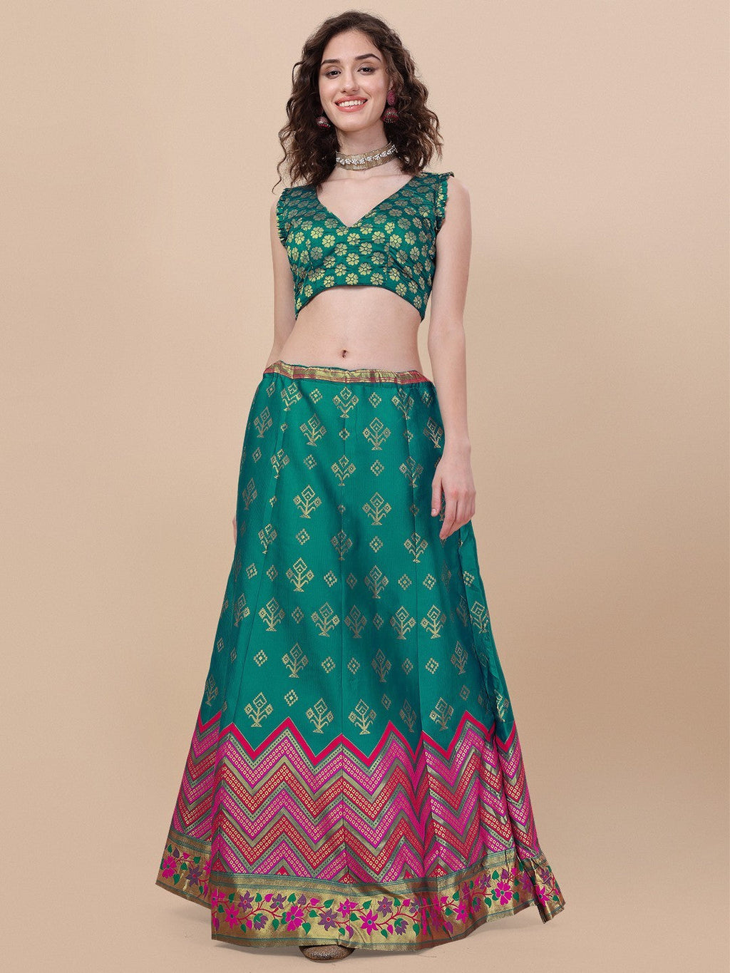 Lorenvalley Fashion Teal Brocade Fabric Lehenga & Unstitched Blouse With Dupatta | Grocsy
