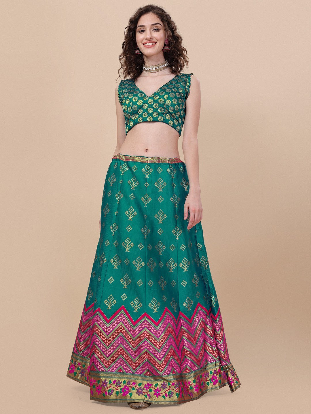 Lorenvalley Fashion Teal Brocade Fabric Lehenga & Unstitched Blouse With Dupatta | Grocsy