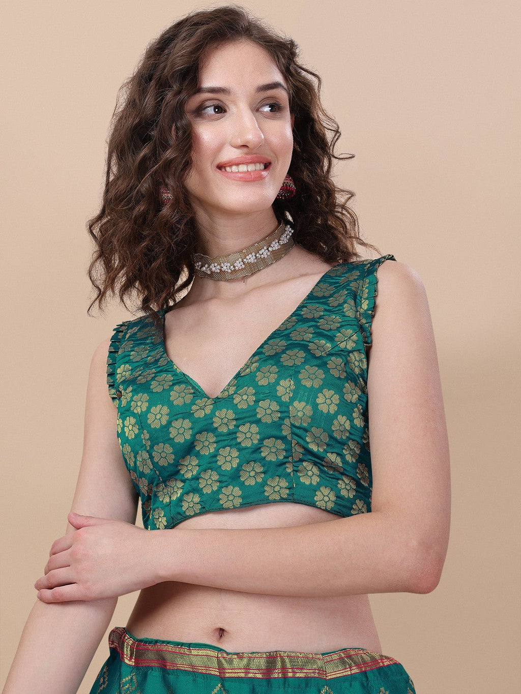 Lorenvalley Fashion Teal Brocade Fabric Lehenga & Unstitched Blouse With Dupatta | Grocsy