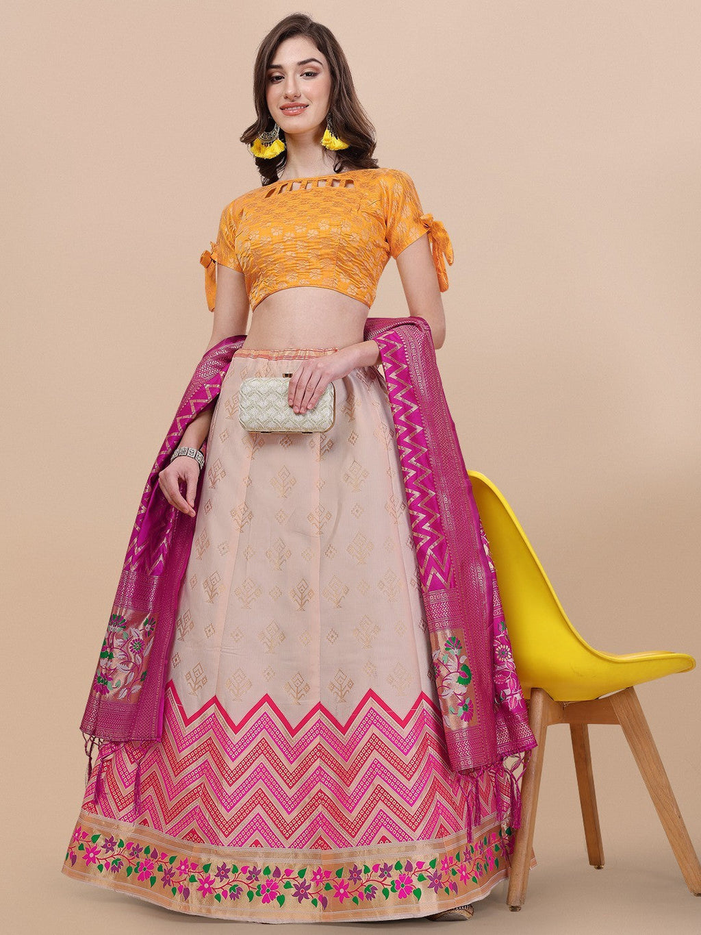 Lorenvalley Fashion Peach Brocade Fabric Lehenga & Unstitched Blouse With Dupatta | Grocsy
