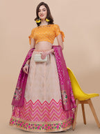 Lorenvalley Fashion Peach Brocade Fabric Lehenga & Unstitched Blouse With Dupatta | Grocsy