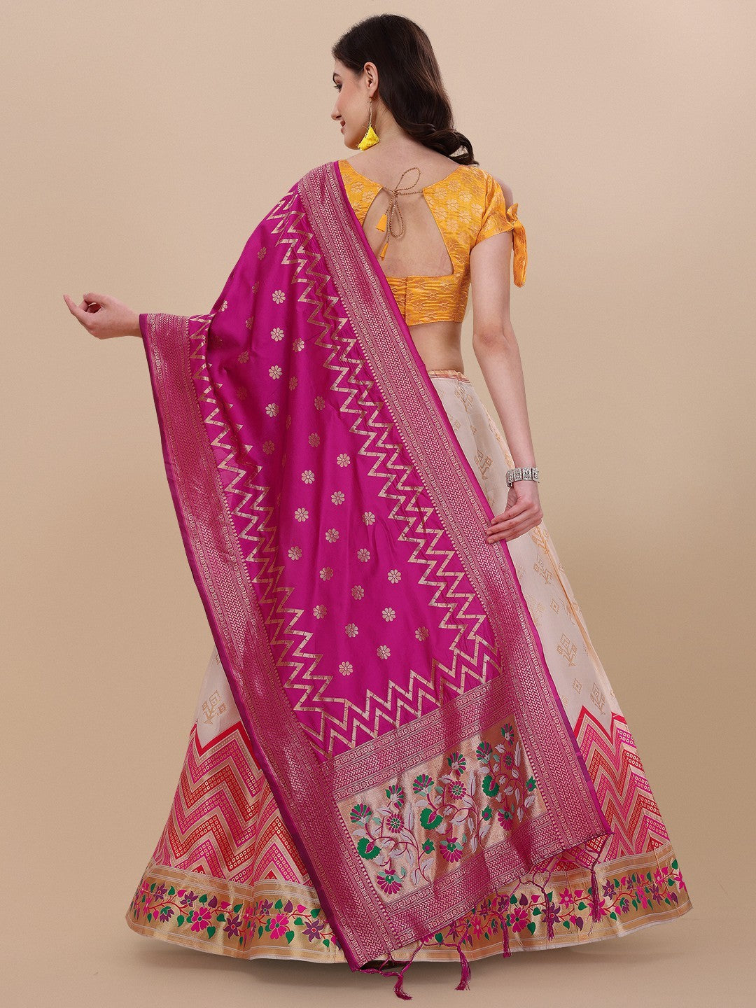 Lorenvalley Fashion Peach Brocade Fabric Lehenga & Unstitched Blouse With Dupatta | Grocsy