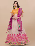 Lorenvalley Fashion Peach Brocade Fabric Lehenga & Unstitched Blouse With Dupatta | Grocsy