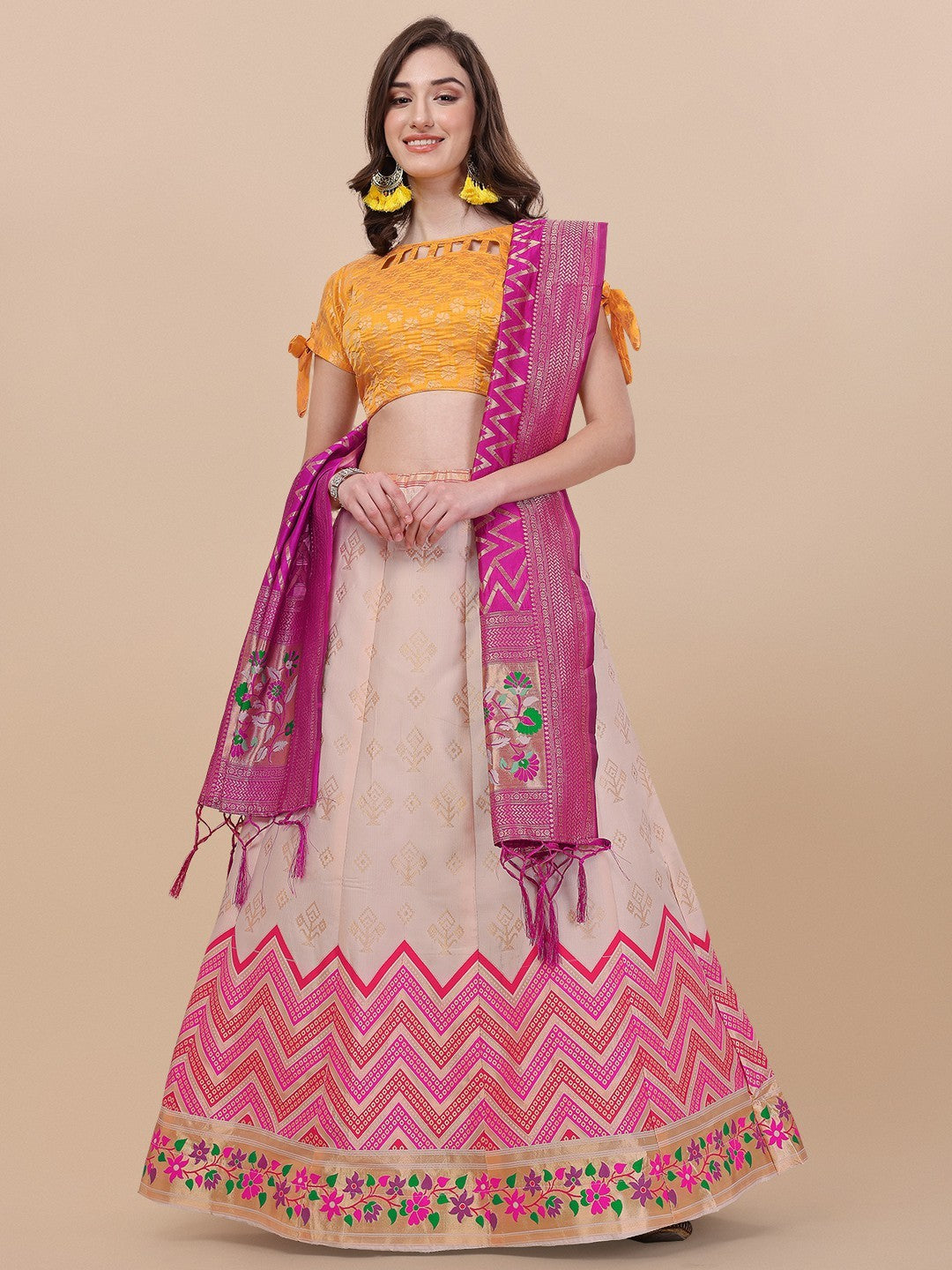 Lorenvalley Fashion Peach Brocade Fabric Lehenga & Unstitched Blouse With Dupatta | Grocsy