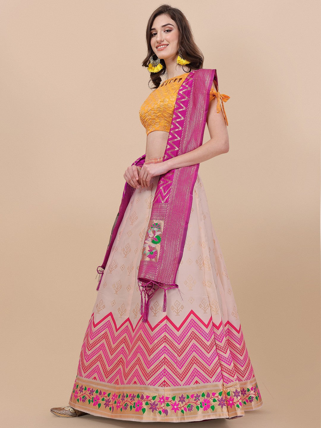 Lorenvalley Fashion Peach Brocade Fabric Lehenga & Unstitched Blouse With Dupatta | Grocsy