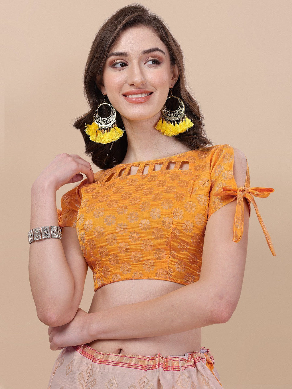 Lorenvalley Fashion Peach Brocade Fabric Lehenga & Unstitched Blouse With Dupatta | Grocsy