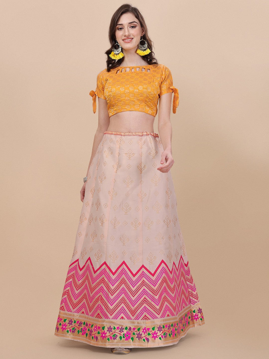 Lorenvalley Fashion Peach Brocade Fabric Lehenga & Unstitched Blouse With Dupatta | Grocsy