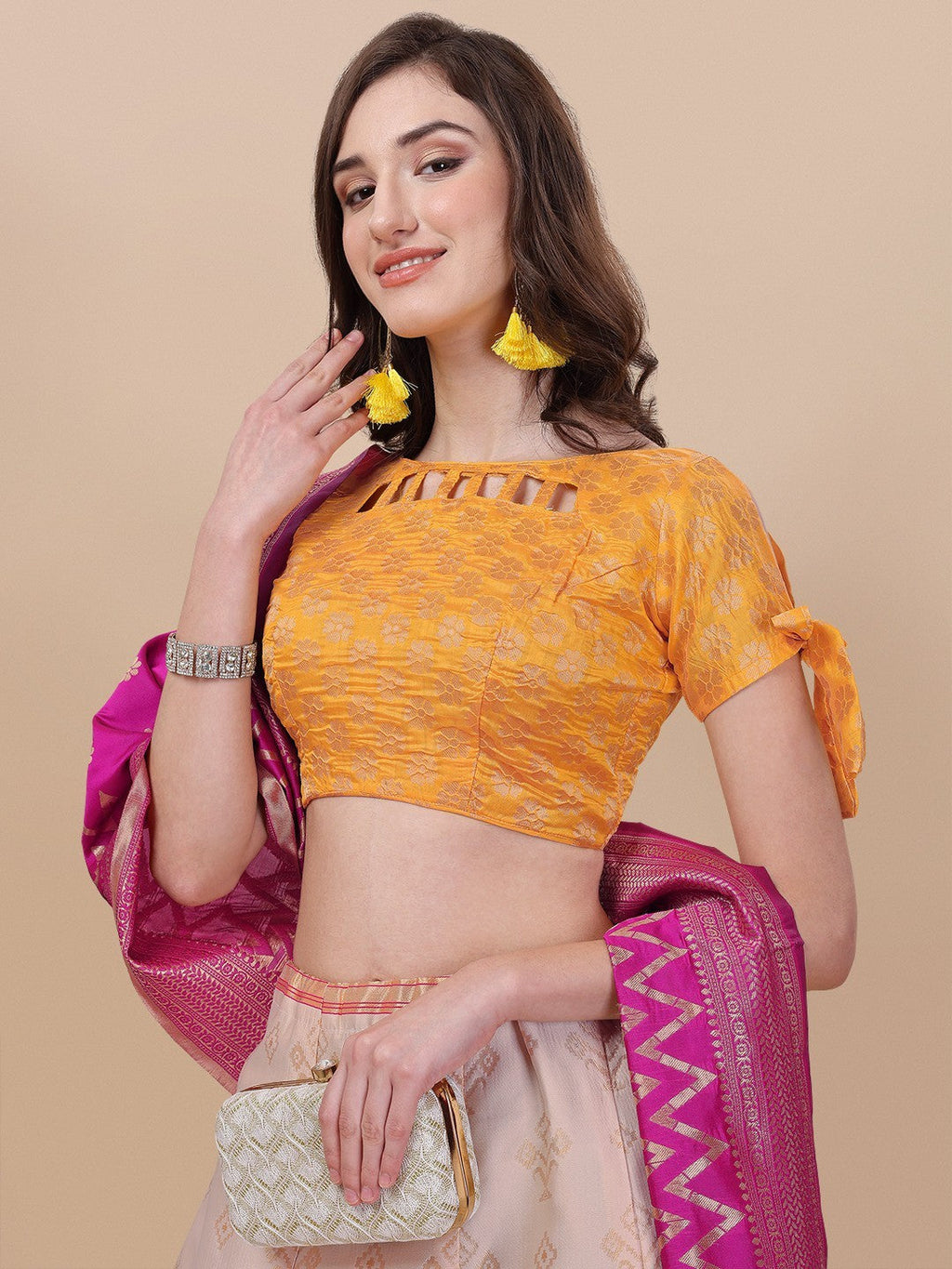 Lorenvalley Fashion Peach Brocade Fabric Lehenga & Unstitched Blouse With Dupatta | Grocsy