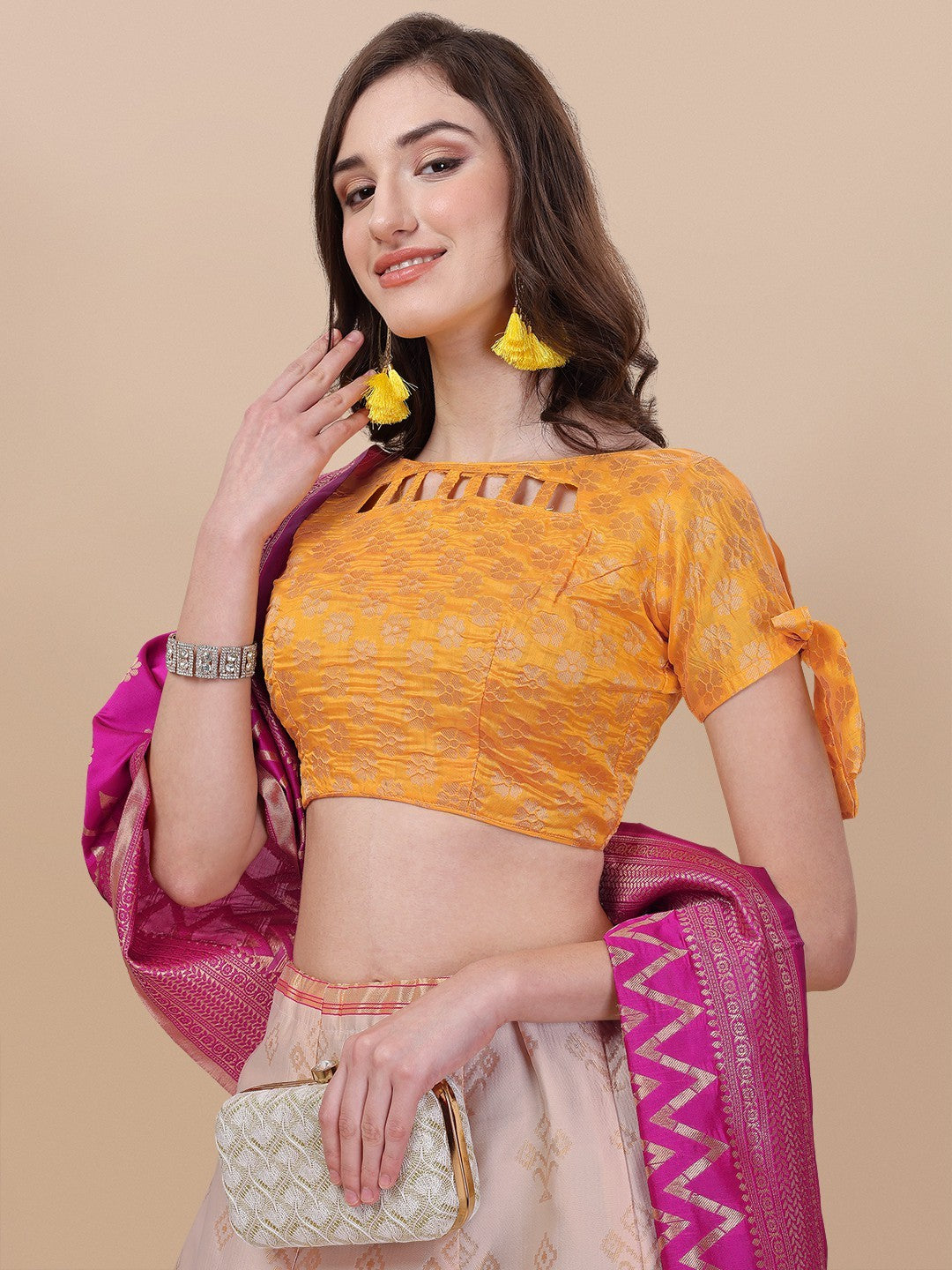 Lorenvalley Fashion Peach Brocade Fabric Lehenga & Unstitched Blouse With Dupatta | Grocsy