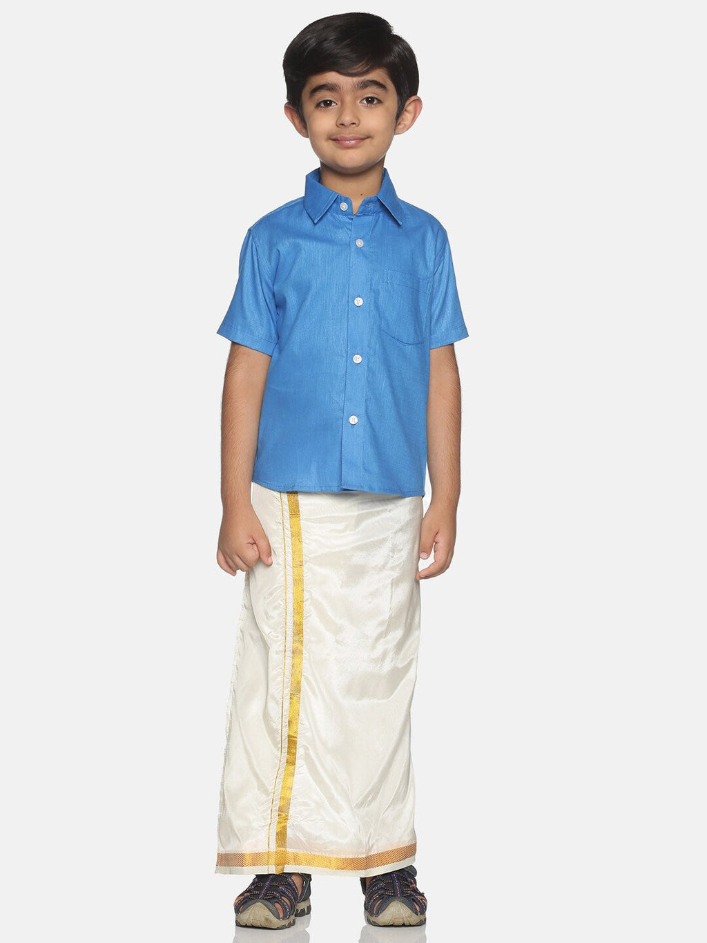 Sethukrishna Boys Blue & White Shirt with Veshti Set | Grocsy