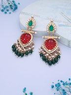 Tehzeeb Creations Latest Red & Green Colour Gold Polish Kundan & Pearl Studded Designer Drop Long Earrings For Women And Girls Yellow | Grocsy