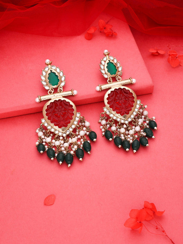 Tehzeeb Creations Latest Red & Green Colour Gold Polish Kundan & Pearl Studded Designer Drop Long Earrings For Women And Girls Yellow | Grocsy