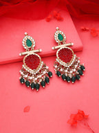 Tehzeeb Creations Latest Red & Green Colour Gold Polish Kundan & Pearl Studded Designer Drop Long Earrings For Women And Girls Yellow | Grocsy