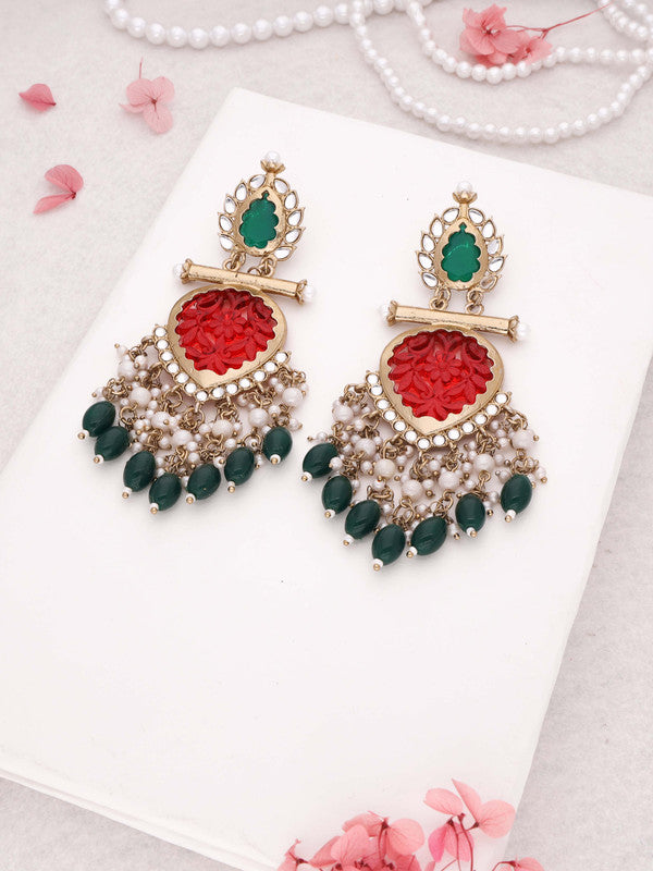 Tehzeeb Creations Latest Red & Green Colour Gold Polish Kundan & Pearl Studded Designer Drop Long Earrings For Women And Girls Yellow | Grocsy