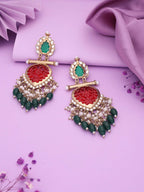 Tehzeeb Creations Latest Red & Green Colour Gold Polish Kundan & Pearl Studded Designer Drop Long Earrings For Women And Girls Yellow | Grocsy