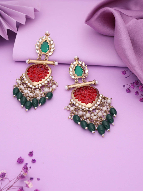 Tehzeeb Creations Latest Red & Green Colour Gold Polish Kundan & Pearl Studded Designer Drop Long Earrings For Women And Girls Yellow | Grocsy