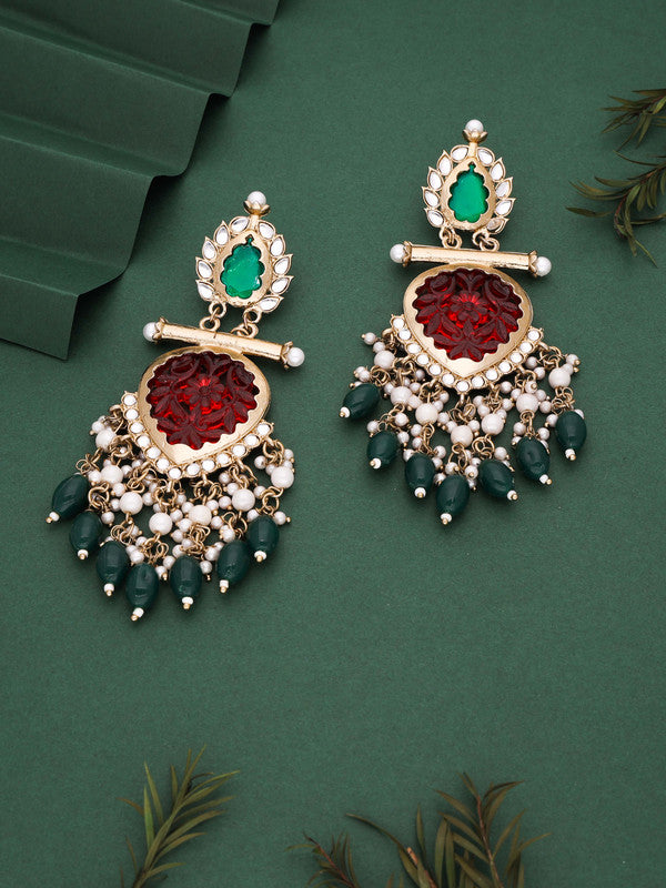 Tehzeeb Creations Latest Red & Green Colour Gold Polish Kundan & Pearl Studded Designer Drop Long Earrings For Women And Girls Yellow | Grocsy