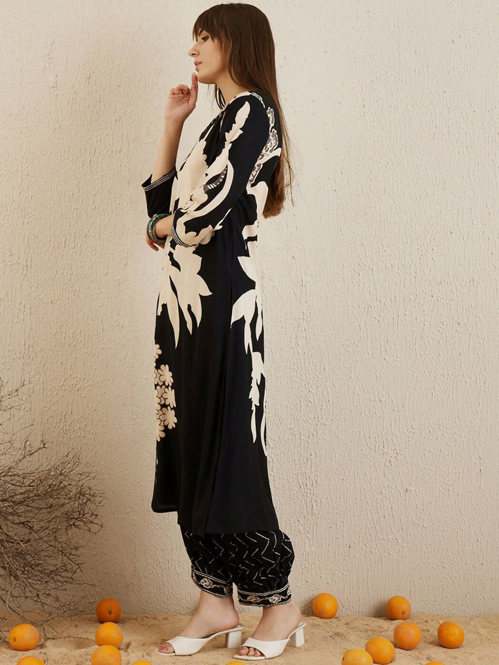 Indo Era Black Floral Printed V-Neck Sequinned A-Line Kurta With Salwar | Grocsy