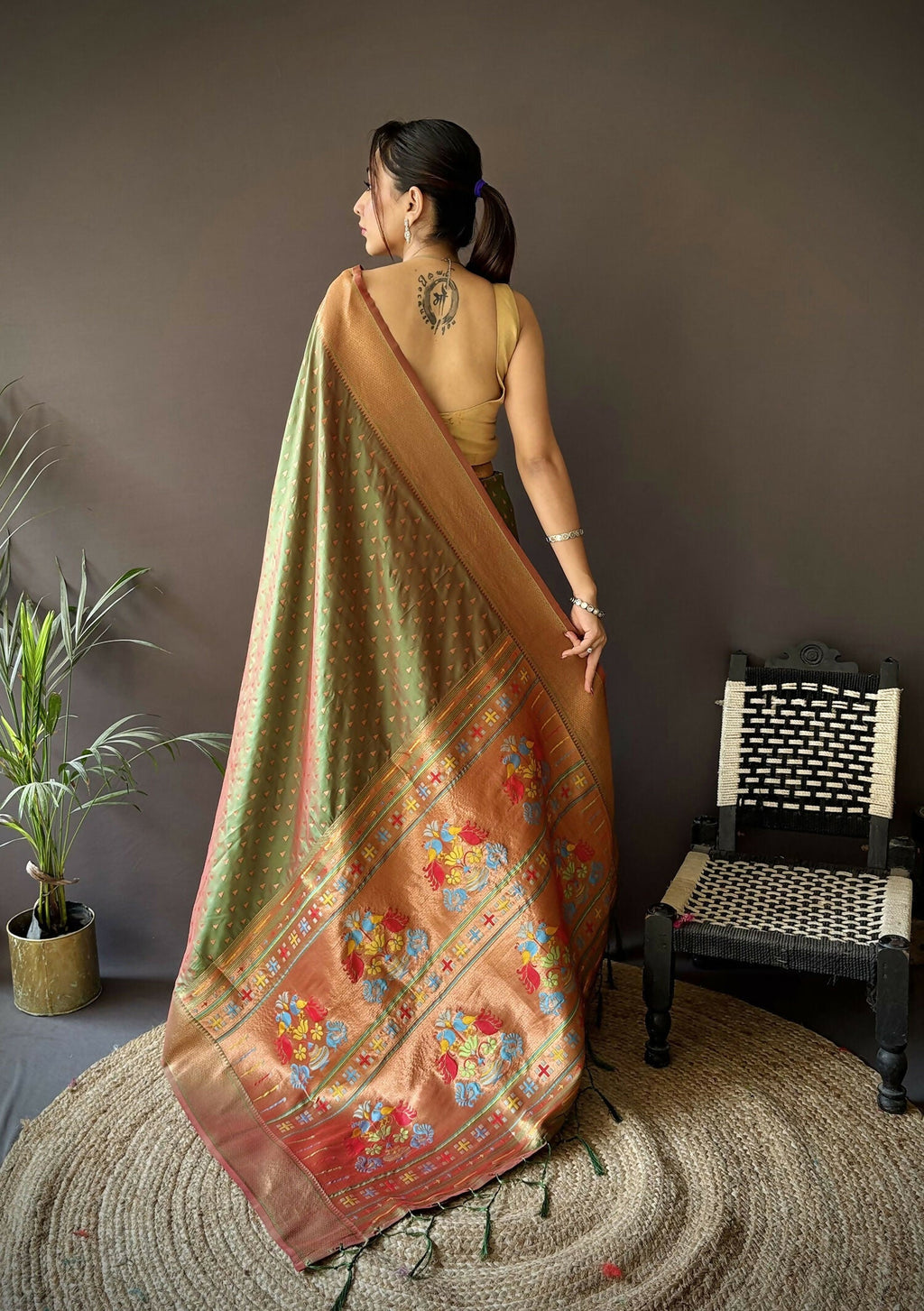 Joban Fashion Olive Green Jacquard Butti Soft Lichi Silk Paithani Saree | Grocsy