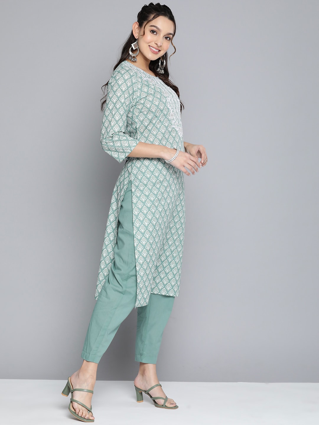 HERE&NOW Women Ethnic Motifs Embroidered Mirror Work Pure Cotton Kurta With Trousers | Grocsy