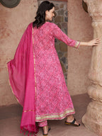 Sangria Bandhani Printed Thread Work Pure Cotton A-Line Kurta with Trousers & Dupatta | Grocsy