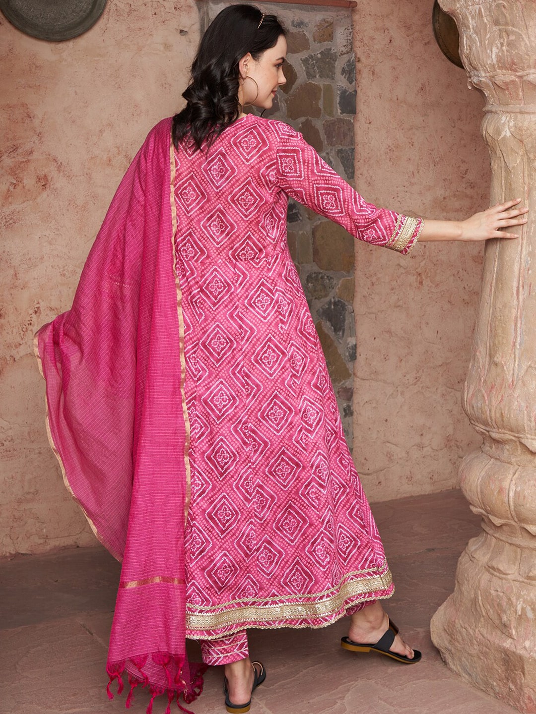 Sangria Bandhani Printed Thread Work Pure Cotton A-Line Kurta with Trousers & Dupatta | Grocsy