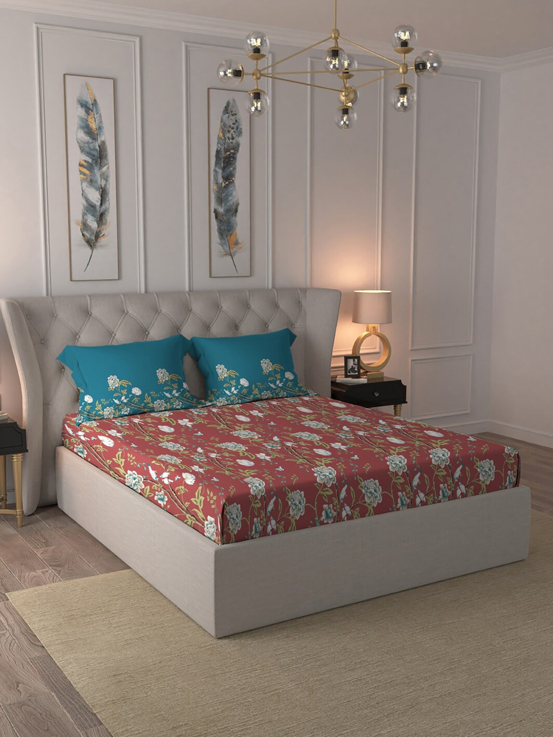 MYTRIDENT Maroon White Floral Pure Cotton 144 TC Queen Bedsheet With 2 Pillow Covers | Grocsy