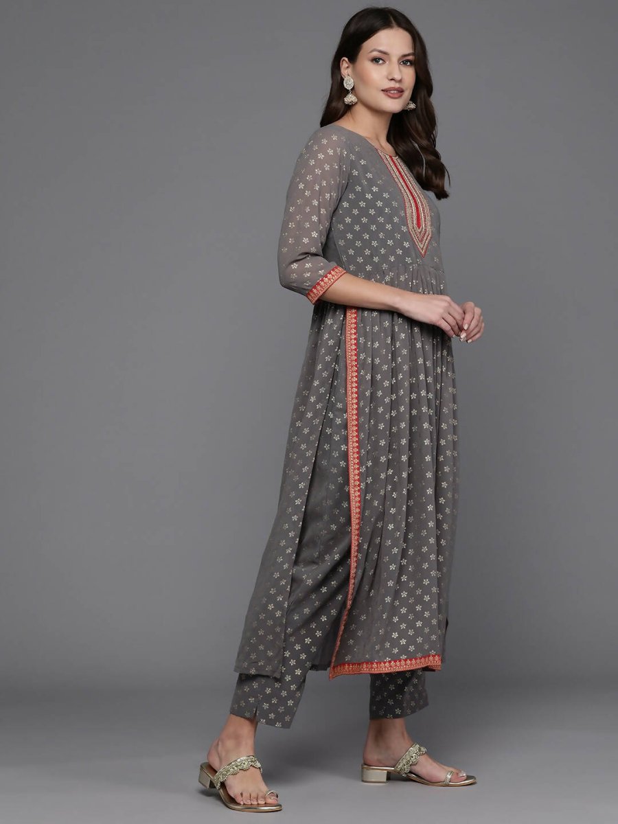 Ahalyaa Women Ethnic Motifs Printed Pleated Sequinned Kurta with Trousers - Grey Color | Grocsy