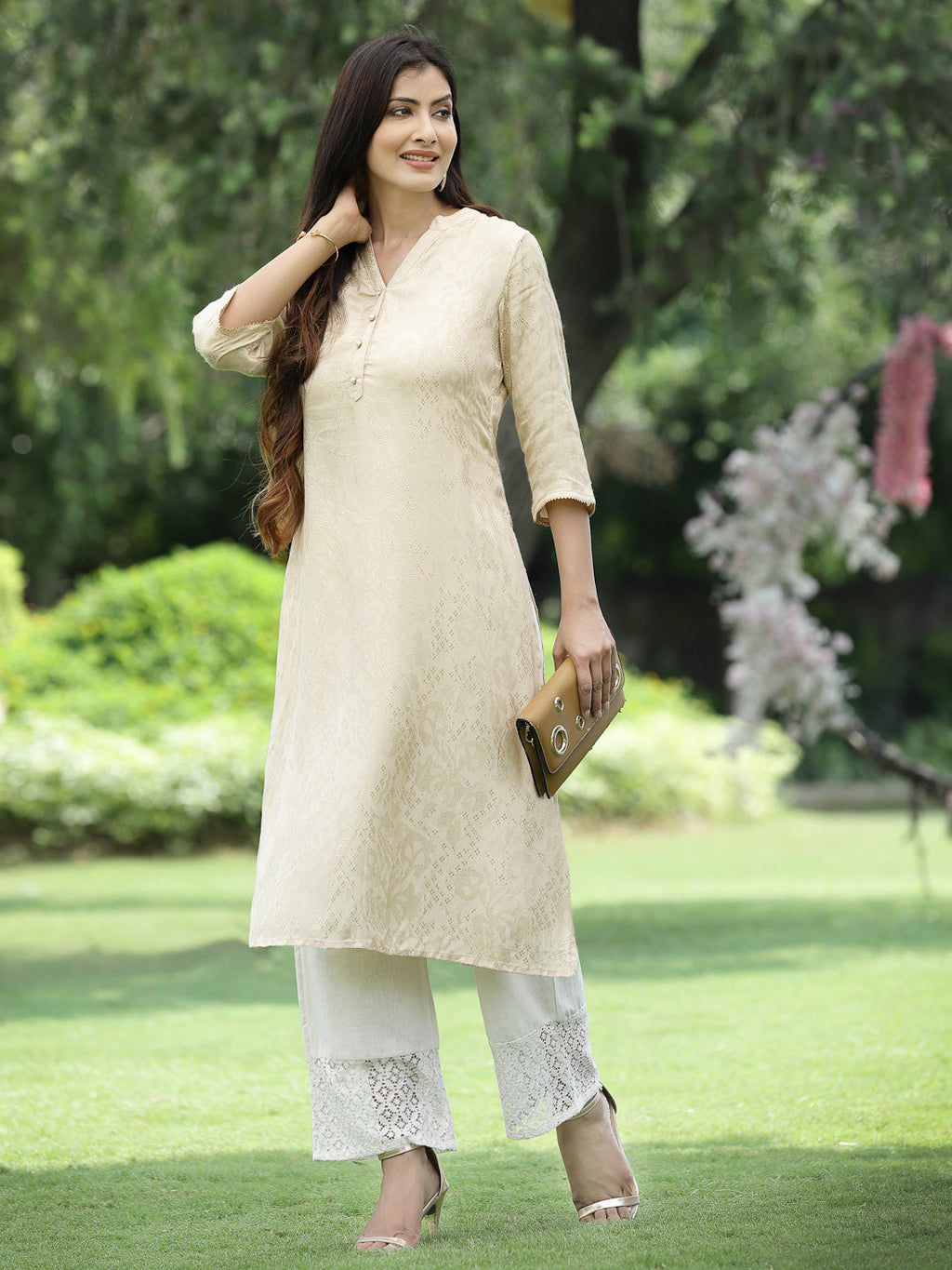 Juniper Womens Ivory Rayon Jacquard Straight Kurta | Grocsy