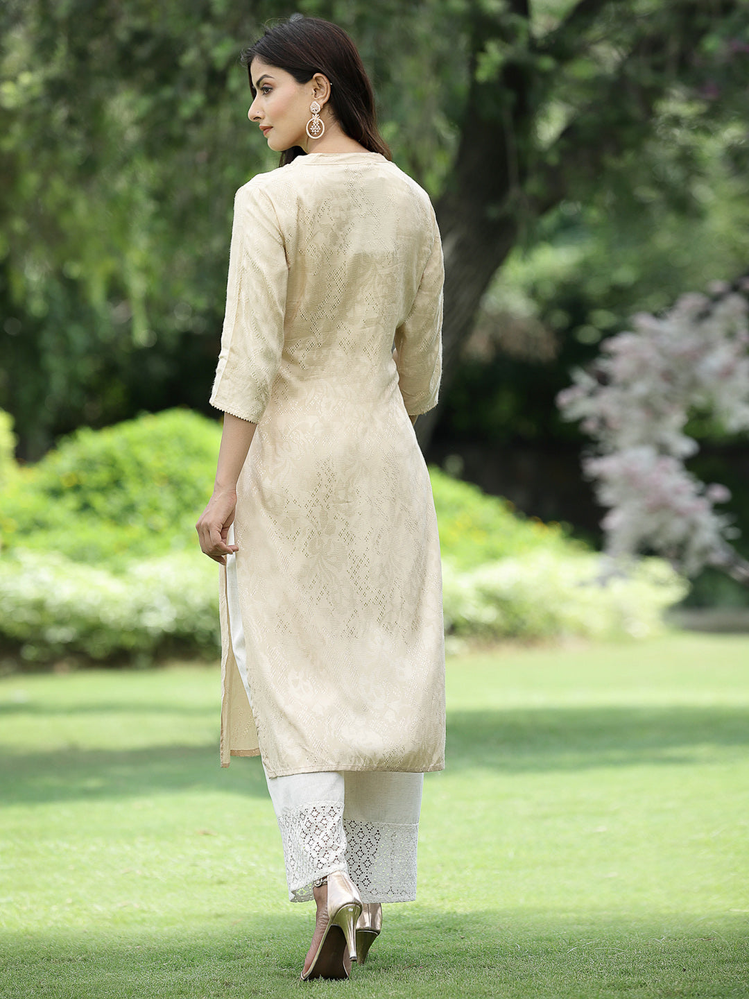 Juniper Womens Ivory Rayon Jacquard Straight Kurta | Grocsy
