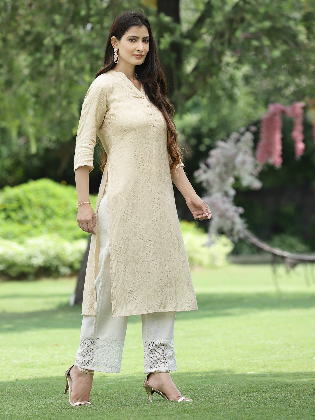 Juniper Womens Ivory Rayon Jacquard Straight Kurta | Grocsy