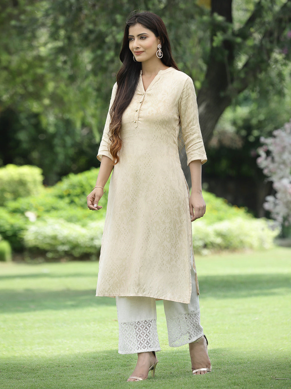 Juniper Womens Ivory Rayon Jacquard Straight Kurta | Grocsy