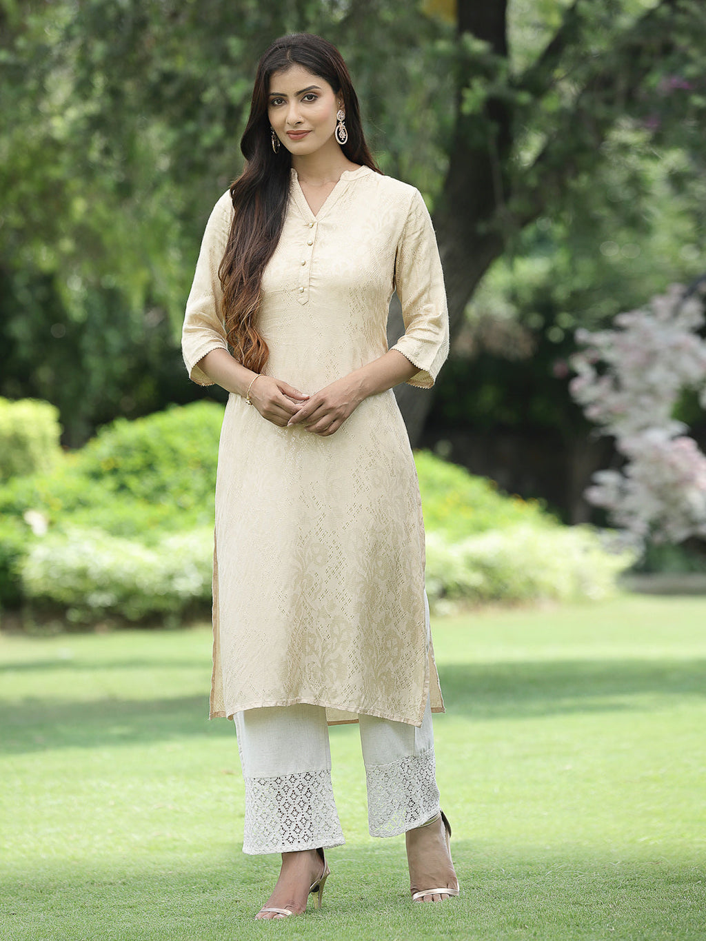 Juniper Womens Ivory Rayon Jacquard Straight Kurta | Grocsy