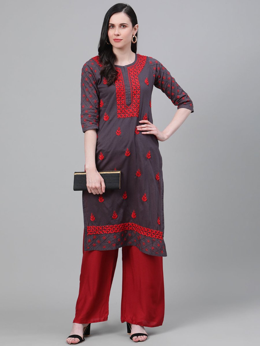 ADA Women Charcoal Grey & Red Chikankari Hand Embroidered Cotton Straight Sustainable Handloom Kurta | Grocsy