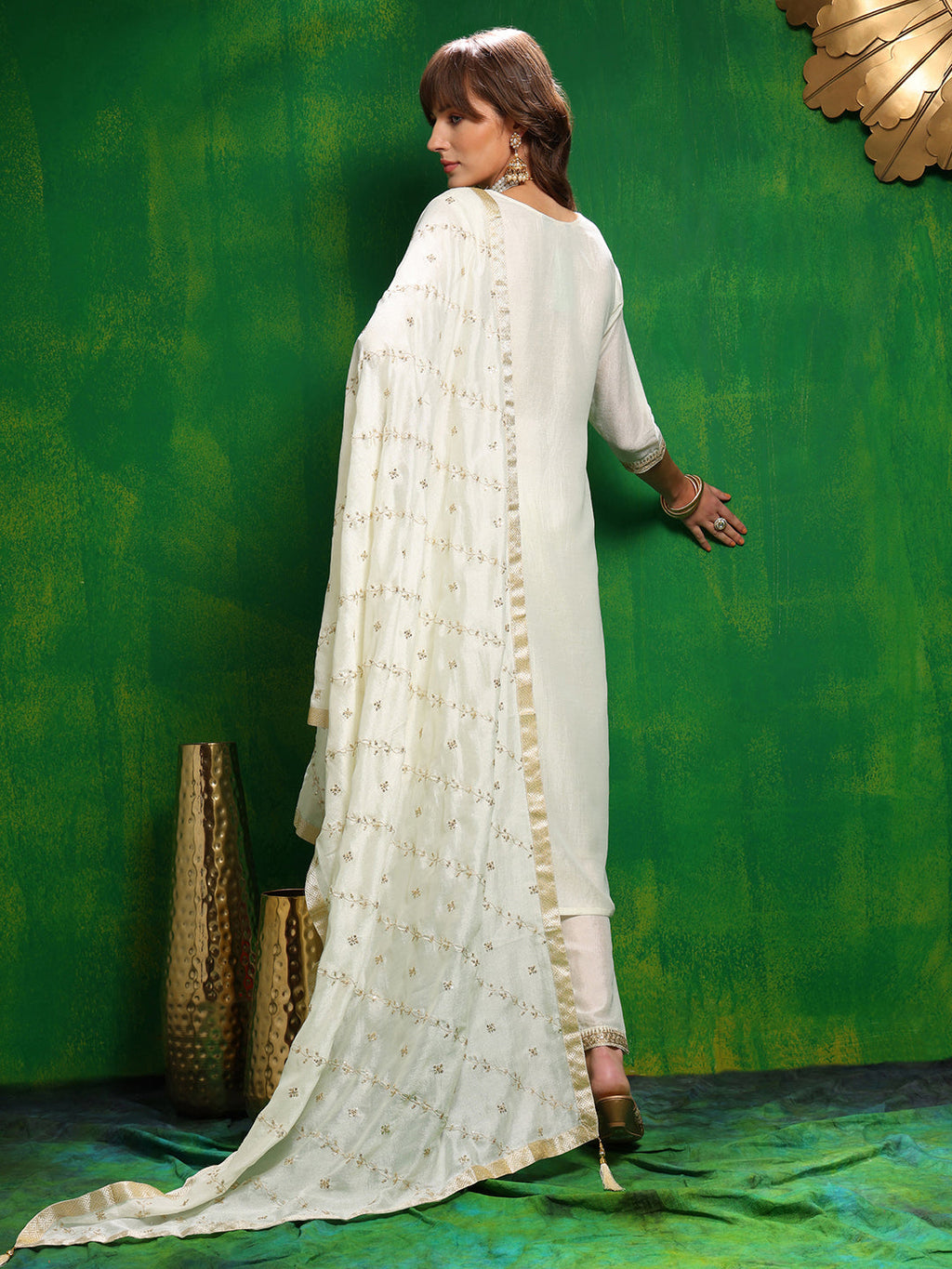 Sequinned Embroidered Silk Blend Kurta With Pant & Embroidered Dupatta, White - Hiral Fashion | Grocsy