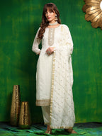 Sequinned Embroidered Silk Blend Kurta With Pant & Embroidered Dupatta, White - Hiral Fashion | Grocsy