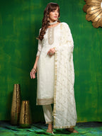 Sequinned Embroidered Silk Blend Kurta With Pant & Embroidered Dupatta, White - Hiral Fashion | Grocsy