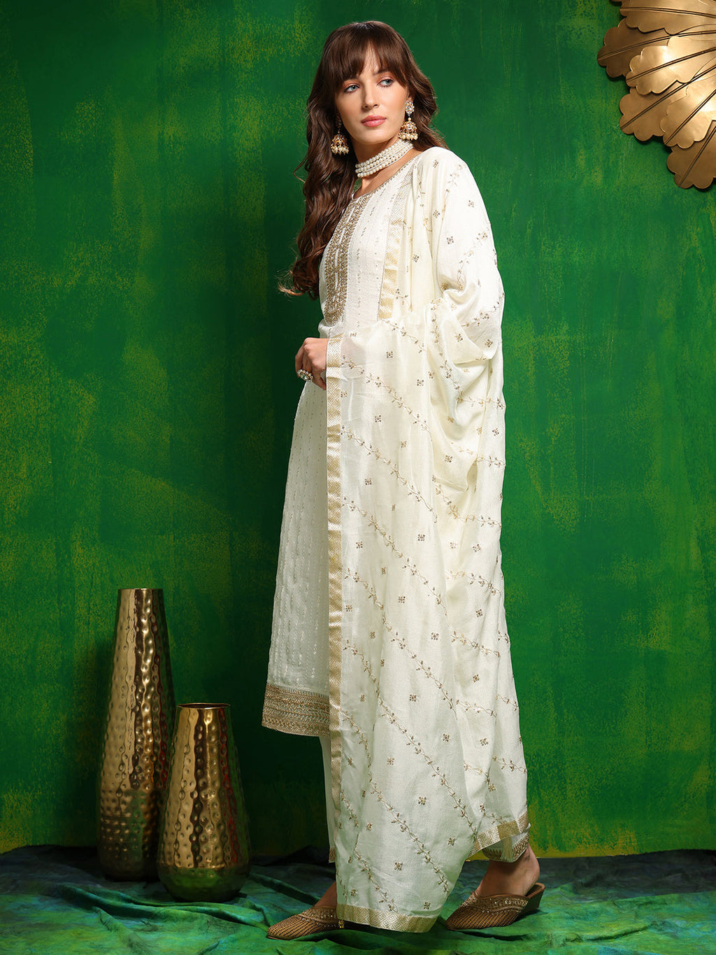 Sequinned Embroidered Silk Blend Kurta With Pant & Embroidered Dupatta, White - Hiral Fashion | Grocsy