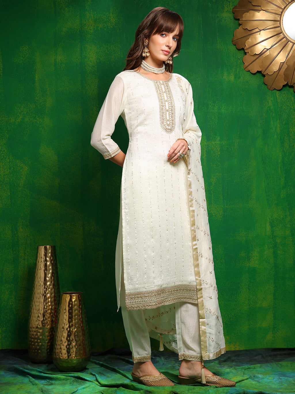 Sequinned Embroidered Silk Blend Kurta With Pant & Embroidered Dupatta, White - Hiral Fashion | Grocsy