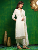 Sequinned Embroidered Silk Blend Kurta With Pant & Embroidered Dupatta, White - Hiral Fashion | Grocsy
